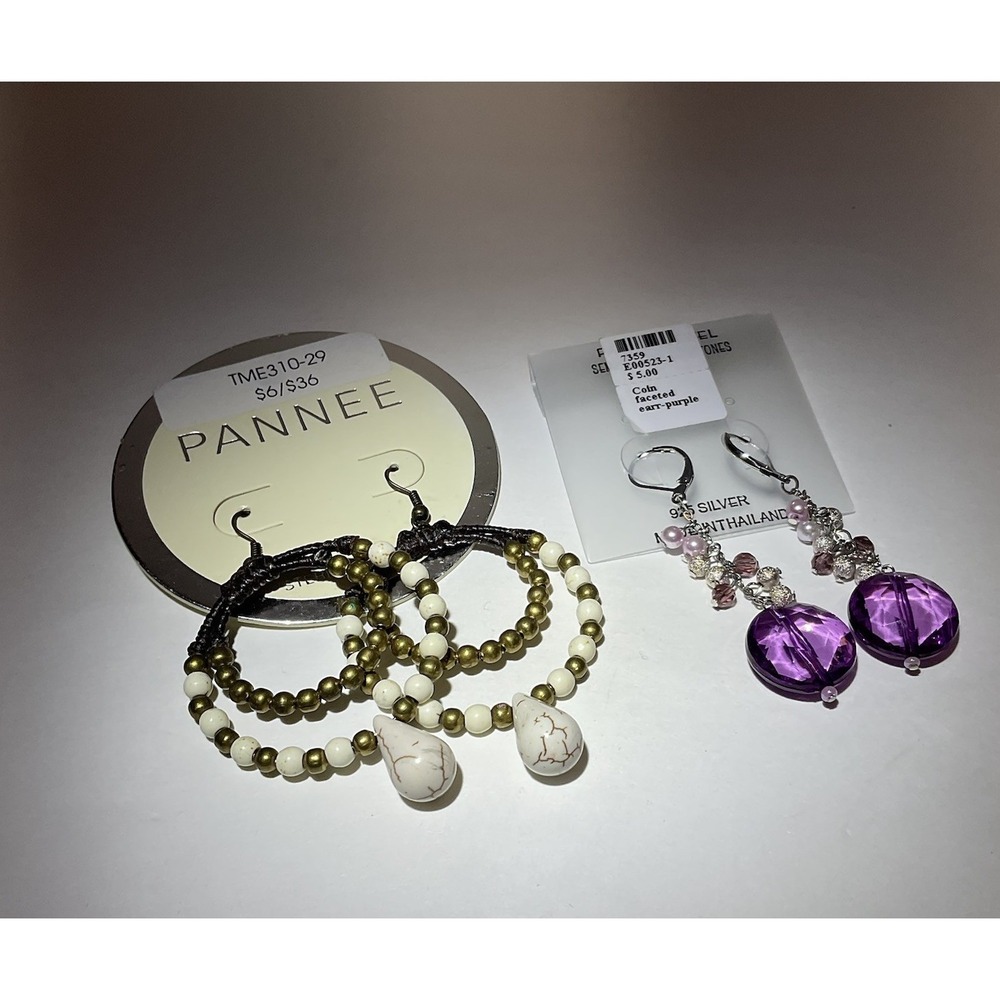 Pannee Lot of 2 Boho Loop /Hoop White‎ Stone Earrings  & Dang Purple Drop